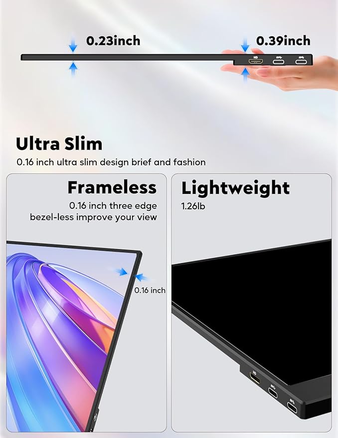 15.6” Portable Monitor with Adjustable Stand, 1080P FHD IPS Screen Extender, Laptop Stand & Smart Cover Included, Ultra Slim Travel Monitor with Eye Protection, Plug and Play for Laptop/PC/Mac