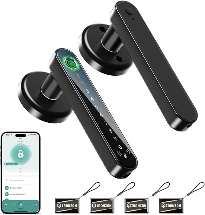 IRONZON Fingerprint Door Handle for bedrooms - 191Y 5-in-1 Fingerprint Door Lock with keypad and app Control, smart knob for Bedroom with Key and NFC, keyless Entry Door Handle - Black