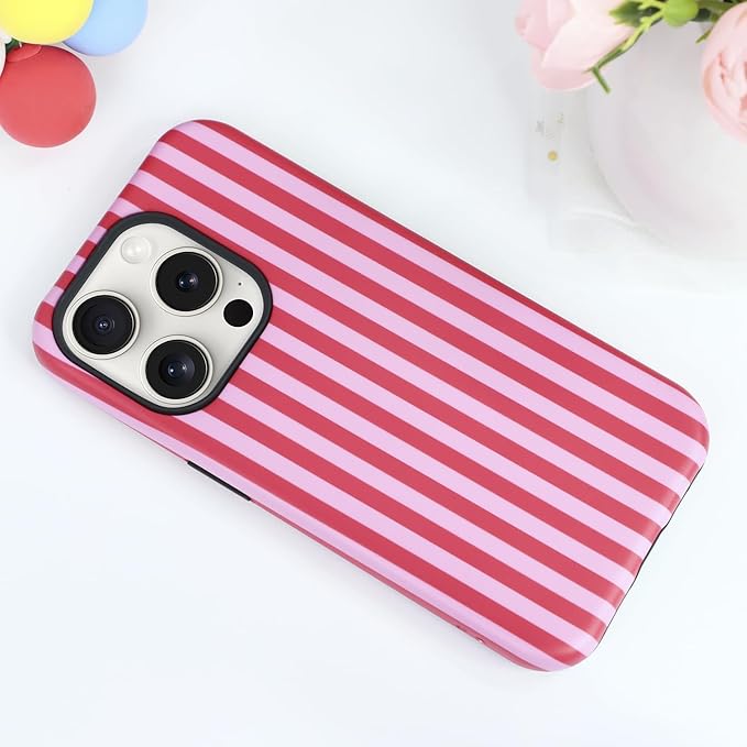 Magnetic for iPhone 14 Pro Max Case Cute Stripes Phone Case, Shockproof Slim TPU and Hard PC Protective Phone Cover Compatible with MagSafe Designed for Women Girls, Red and Pink