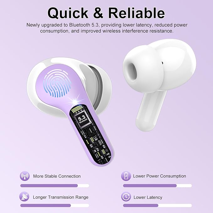 Wireless Earbuds, Bluetooth 5.4 Headphones HiFi Stereo, Bluetooth Earbuds with ENC Noise Cancelling Mic, IP7 Waterproof in Ear Earphones, 48H, LED Display Ear buds for Pad Workout Sports, Purple