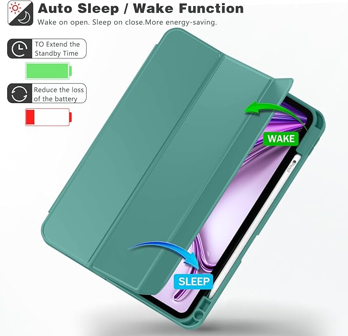 ZryXal New iPad Air 13 Inch Case M3 2025/M2 2024 with Pencil Holder, Trifold Stand Smart Case with Soft TPU Back,Auto Wake/Sleep(Forest Green)