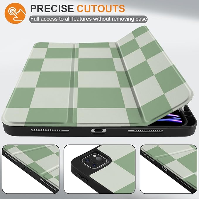MEEgoodo for iPad Pro 12.9 Case M2 6th/5th/4th/3rd Generation 2022 2021 2020 2018 with Pencil Holder, Tablet Cover with Soft TPU Back Shell, Green Checkered