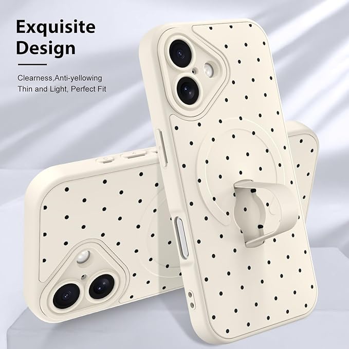KANGHAR Compatible with iPhone 16 Case, Support for MagSafe, Silicone Spot Cute Pattern, Wristband Kickstand Camera Protection Soft Slim Cover for Girls Women -White