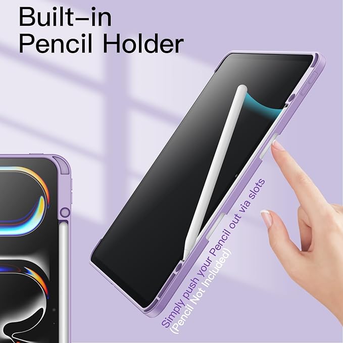 JETech Case for iPad Pro 13-Inch M5/M4 (2025/2024) with Pencil Holder, Clear Transparent Back Shell Slim Stand Shockproof Tablet Cover, Auto Wake/Sleep (Purple)