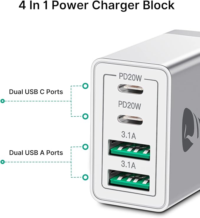 [2-Pack] USB C Wall Charger, 40W Fast USB C Charger Block, 4-Port PD Power Adapter + QC Wall Plug Multiport Type C Charging Block Cube Compatible with iPhone 16 15 14 13 12 11 Pro Max XR XS 8, Samsung