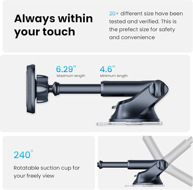 APPS2Car Magnetic Phone Mount for Car, Dashboard & Windshield Suction Cup Holder with Telescopic Arm, Requires Metal Plate for Proper Use, Fit for Android Smartphones(NOT for MagSafe)
