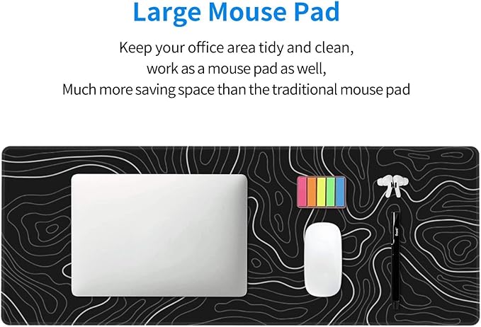 Abstract Topographic Map Black Mouse Pad Big Gaming Mouse Pad XXL Mousepad Large Keyboard Mat with Non-Slip Rubber Base Stitched Edges Mouse Mat Desk Pad for Gaming and Office