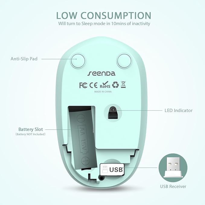 seenda Wireless Mouse for Laptop, 2.4G Noiseless Mouse with USB Receiver - Optical Tracking Portable Computer Mice for Chromebook, PC, Tablet, Windows System, 24 Months Battery Life - Mint Green