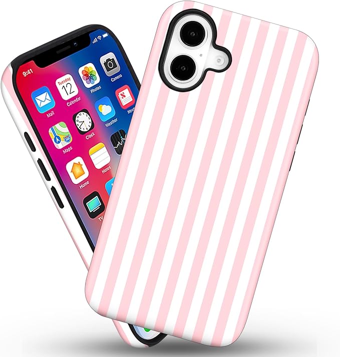 Magnetic for iPhone 17 Case Cute Stripes Phone Case, Shockproof Slim TPU and Hard PC Protective Phone Cover Compatible with MagSafe Designed for Women Girls, Pink and White