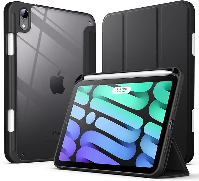 JETech Case for iPad mini (A17 Pro, 2024 Model, 7th Generation) / mini 6 (2021 Model, 6th Generation) with Pencil Holder, Clear Back Shell Stand Shockproof Tablet Cover, Auto Wake/Sleep (Black)