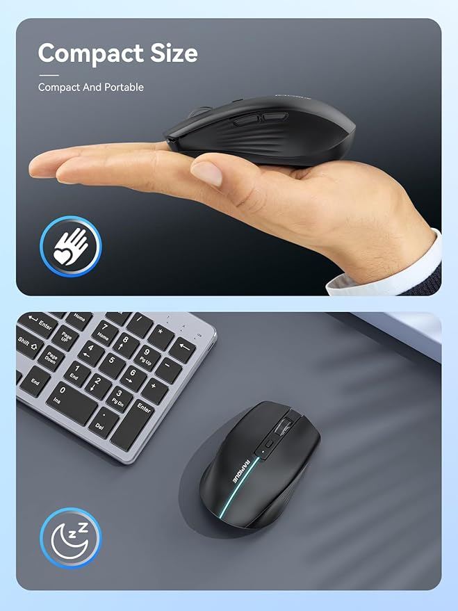 RAPIQUE Bluetooth Wireless Mouse - (BT1/BT2+USB) Tri-Mode High Performance, Rechargeable, Quiet Click, Multi-Device Compatibility for Laptop, Computer, MacBook, Tablet, PC (Black)