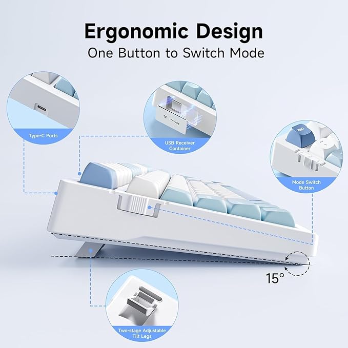 MCHOSE G98 PRO Wireless Gaming Keyboard, Tri-Mode Connection Mechanical Keyboard, Hot Swappable Custom Gasket Structure, Pre-lubed Linear Switches, Double Shot PBT Keycaps, RGB LED Backlit, Blue&White