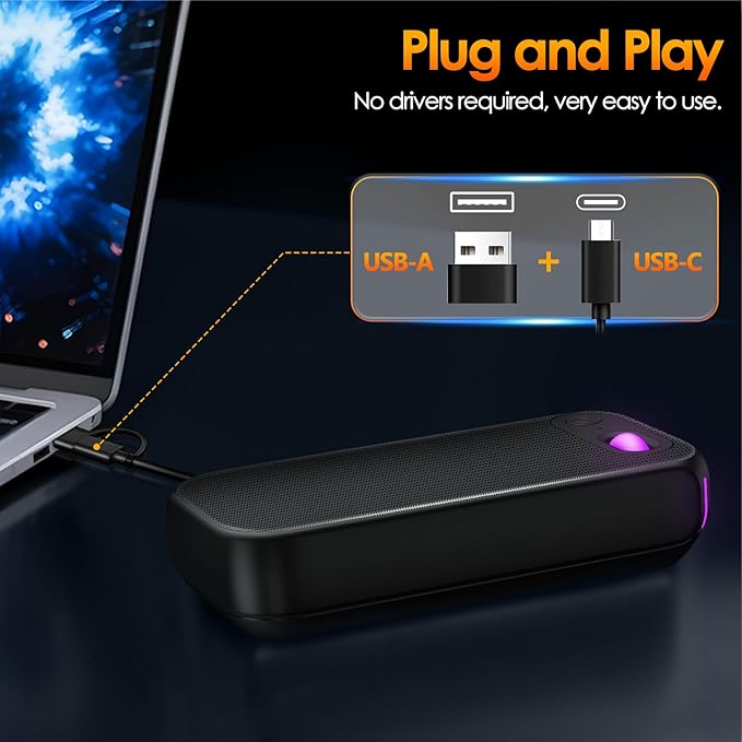 USB-A/USB-C Computer Speakers for PC Desktop, Wired Portable Mini Sound-bar for Monitor with Stereo Sound & Enhanced Bass, Laptop Speakers for Desktop, PC, Smartphones,Tablets with RGB Lights