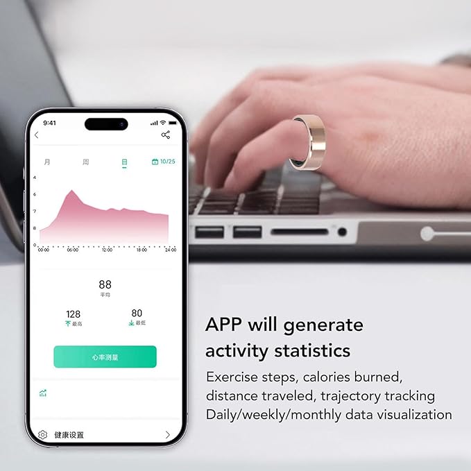ciciglow Smart Ring, Smart Ring Health Tracker Sleep Monitoring Step Counter, IP68 Waterproof Intelligent Wearable Device, Gold Sports Ring with Chariging Cable