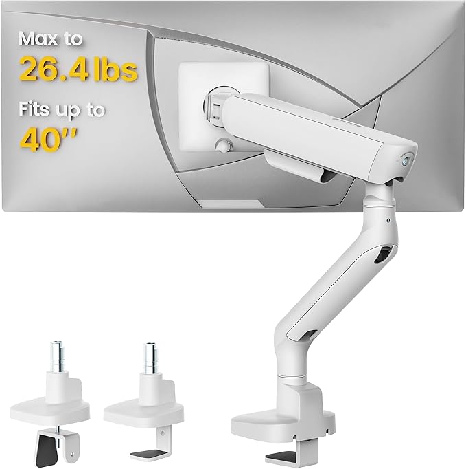 monTEK Single Monitor Arm, Mechanical Spring Monitor Arm for 17-40" Ultrawide Screens, Adjustable Monitor Desk Mount Holds up to 26.4 lbs with C Clamp/Grommet Desk Mount, VESA 75/100mm