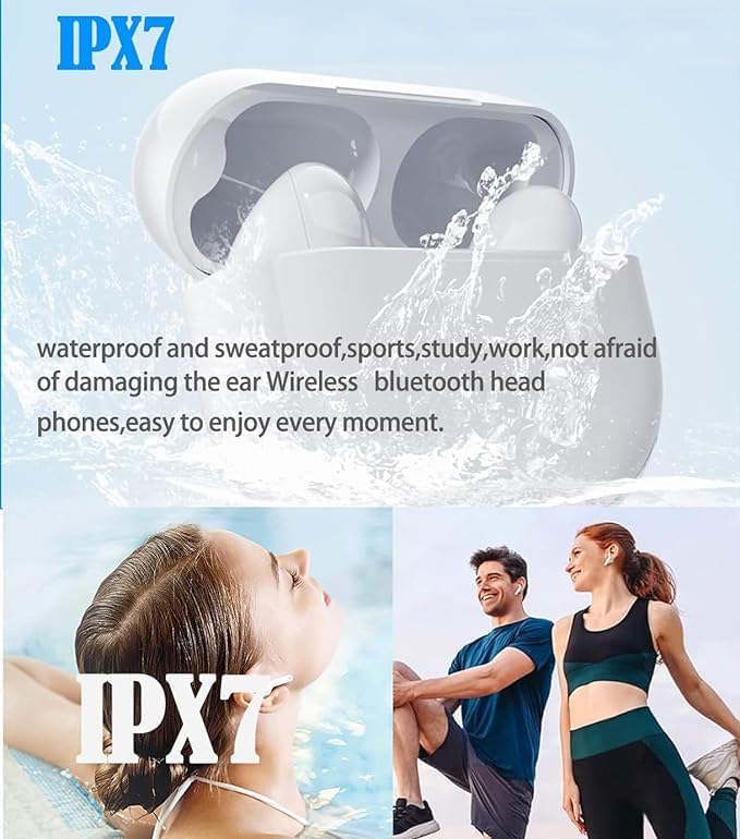 True Wireless Earbuds Bluetooth 5.3 Mic Noise Cancelling IPX7 Waterproof Hi-Fi Stereo Sound Long Battery 42H Playtime Auto Pairing for iPhone Headphones pro,White
