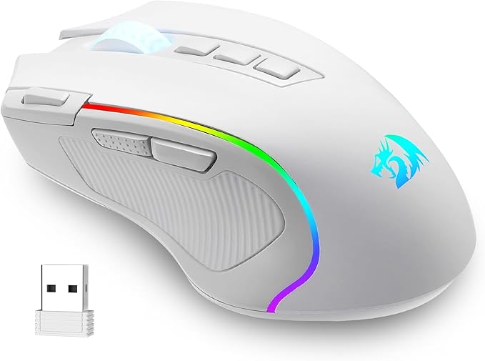 Redragon M612 PRO RGB Gaming Mouse, 8000 DPI Wired/Wireless Optical Mouse with 9 Programmable Buttons & 6 Backlit Modes, BT & 2.4G Wireless, Software Supports, White