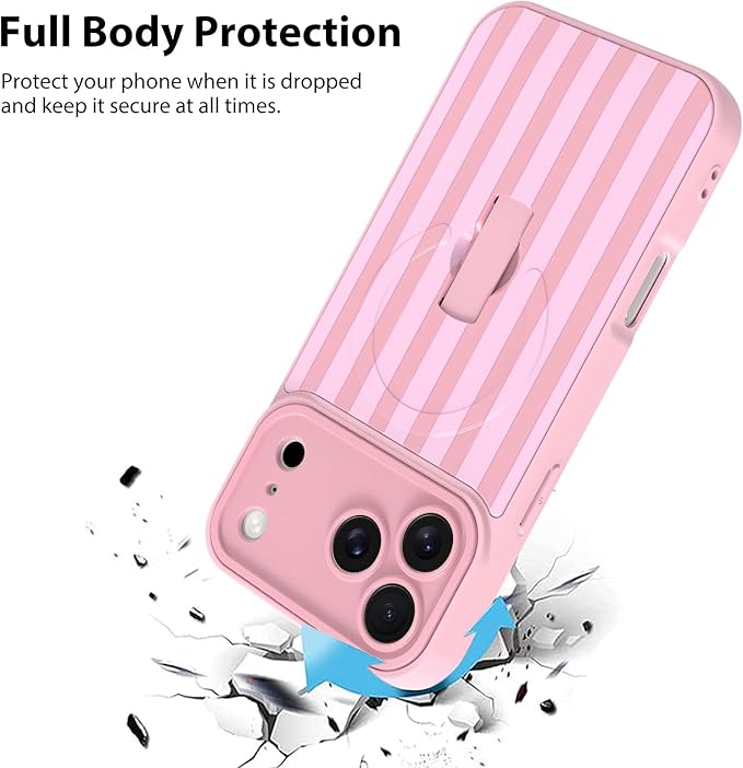 KANGHAR Compatible with iPhone 17 Pro Case, Support for MagSafe, Silicone Stripes Cute Pattern, Wristband Kickstand Camera Protection Soft Slim Cover for Girls Women -Pink