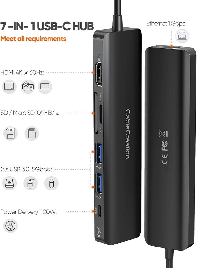 USB C Hub with Ethernet, CableCreation 7 in 1 4k@60Hz HDMI USB C Multiport Adapter with 100W PD, 2 USB 3.0 Ports, SD/TF Cards Reader Compatible for MacBook Pro/Air M1 M2, iPad Pro/Air, Dell XPS, HP