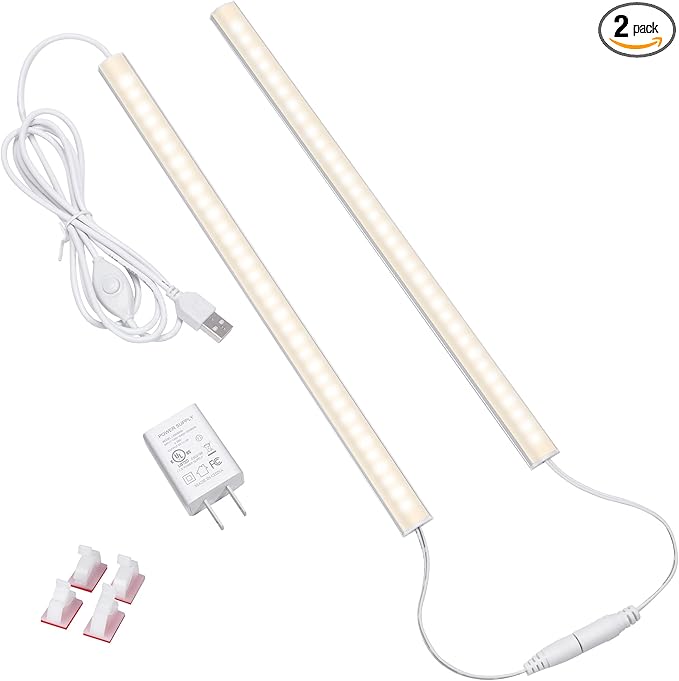 LED Under Cabinet Lighting, 2pcs x 12 Inch Dimmable, USB Plug-in Under Counter Lights with Memory Function, Natural White 4000K