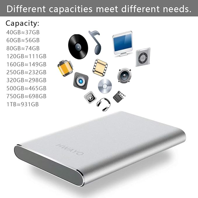 HWAYO 1TB Portable External Hard Drive, USB3.1 Gen 1 Type C Ultra Slim 2.5'' HDD Storage Compatible for PC, Desktop, Laptop, Mac, Xbox One (Silver)