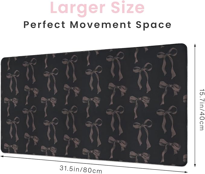 Black Desk Mat with Bows, Black Mouse Pad Non-Slip Rubber Base Girly Gaming Mouse Pad Keyboard Mat with Bow Large Computer Mat Office Supplies Desk Accessories Decor for School Girls Women 31.5 x 15.7