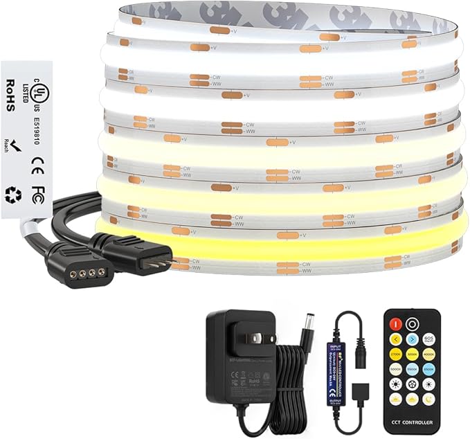 BTF-LIGHTING FCOB COB CCT 3000K-6000K Tunable White LED Strip with RF Remote,UL Listed 24V 24FT 640LEDs/m Super Bright Dimmable Tape Light for Bedroom Kitchen Under Cabinet Indoor Decor