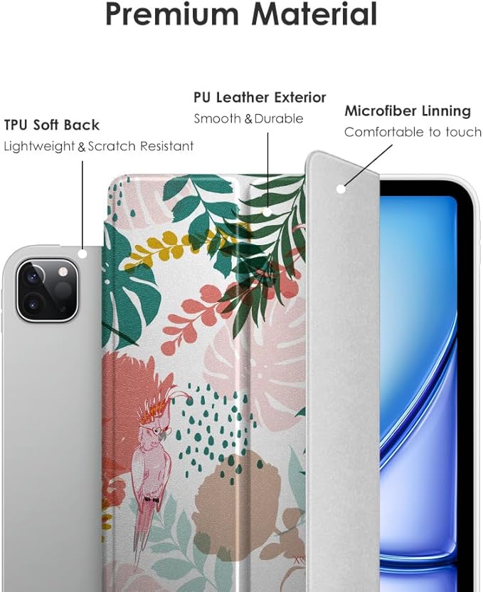 DTTO for iPad Pro 11 Inch 4th/3rd/2nd/1st Generation 2022/2021/2020/2018 Case, Also Fit iPad Air 11-Inch/5th/4th Gen, Slim Lightweight Trifold Stand Soft Back Cover，Auto Sleep/Wake,Parrot Tree