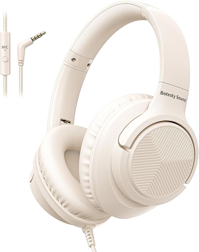 Botesty Sound Headphones Wired with Microphone, Over Ear Foldable 3.5mm Plug in Headphones Corded with 4.9ft Tangle-Free Nylon Cord for Tablet, Laptop, MP3/4, School, Airplane Travel (Beige)