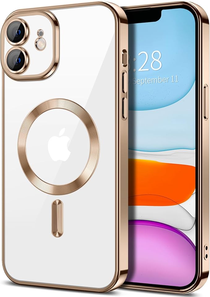 Hython Magnetic Clear for iPhone 11 Case with Camera Lens Protector [Compatible with MagSafe] Luxury Plating Edge Slim Soft TPU Cover Protective Phone Case for iPhone 11 6.1", Desert Brown