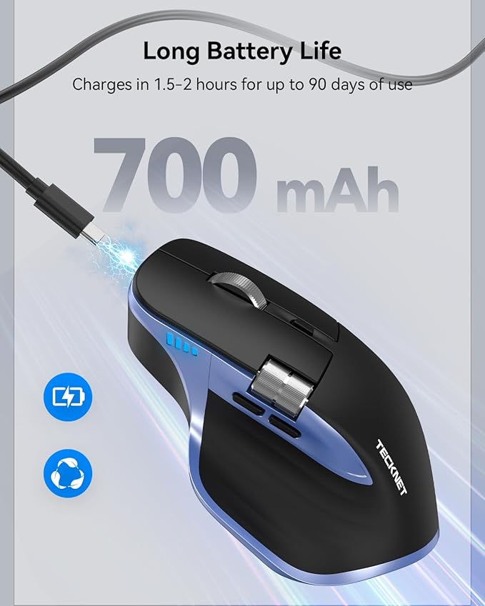 TECKNET Wireless Mouse, Bluetooth Mouse (BT5.3/5.0 & 2.4G) Rechargeable Ergonomic Optical Mouse with 6 Adjustable DPI, Side Scroll, USB A Receiver, 7 Buttons, Wide Compatibility - Black & Blue