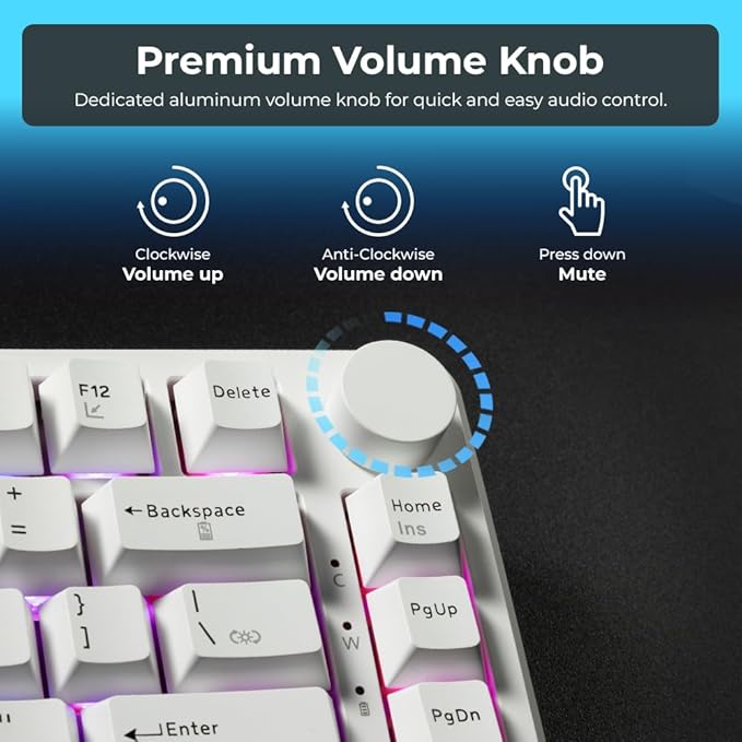 TECWARE Ghost 75% Wireless Mechanical Keyboard | RGB Gaming Keyboard with Volume Knob | Tri-Mode 2.4GHz/Bluetooth/USB-C | Gasket Mounted | Hot Swappable Pre-Lubed Linear Switches | 4000mAh | White