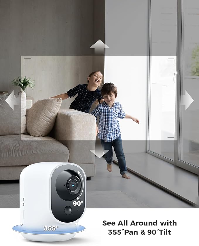 COCOCAM 2PCS 2K Indoor Pan/Tilt Security Camera with 5200mAh Battery, WiFi Camera,Wireless for Baby Monitor/Pet/Home Security, AI Recognition, PIR Human Detection, 2.4G WiFi