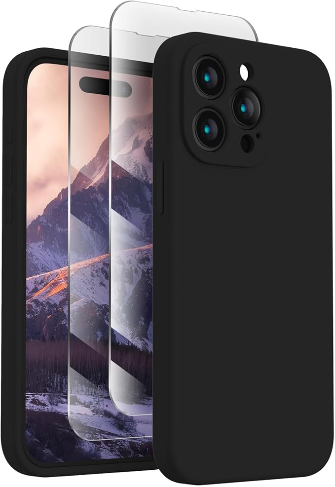 FireNova Designed for iPhone 15 Pro Max Case, Silicone Upgraded [Camera Protection] Phone Case with [2 Screen Protectors], Soft Anti-Scratch Microfiber Lining Inside, 6.7 inch, Black