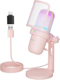 USB Streaming Gaming Microphone, PC Condenser Desktop Mic for Video, Home use, YouTube, with RGB Control, Gain Knob, 3.5mm Headphone Jack, Shock Mount, on Computer/PS5 - Pink