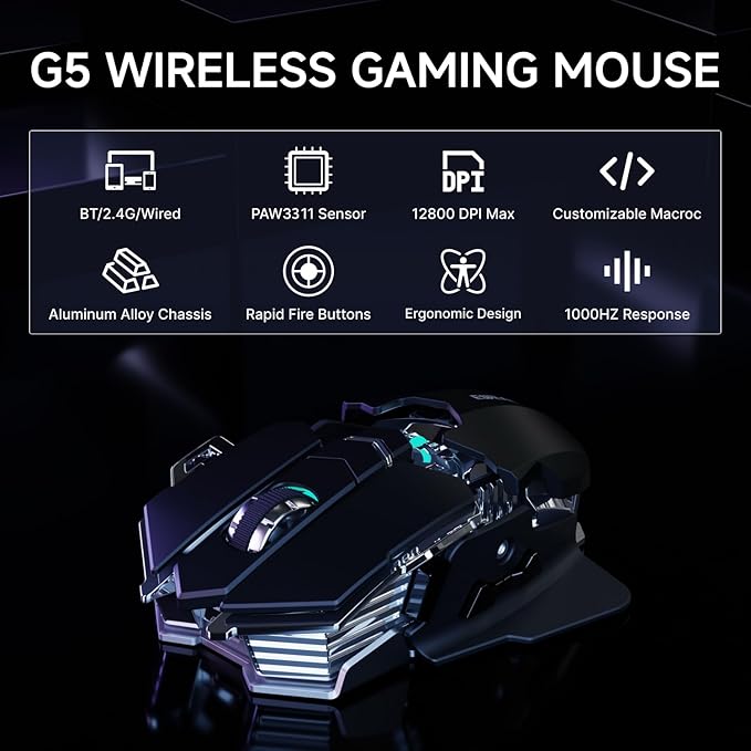 EWEADN G5 Wireless Gaming mouse, 12800 Adjustable DPI Ergonomic Mouse with 6 RGB Backlit Modes, Rapid Fire Key, 9 Programmable Macro Buttons, Rechargeable Bluetooth Mouse for PC/Mac/Laptop - Black
