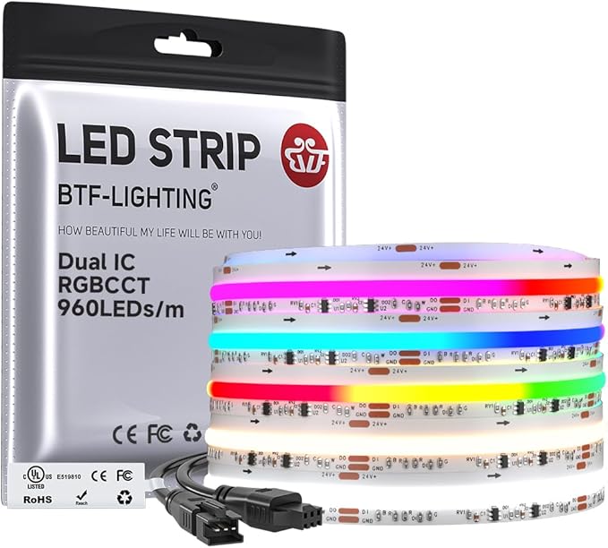 BTF-LIGHTING WS2811 Dual IC RGBCCT FCOB COB LED Strip,UL Listed High Density Chasing IC RGB Light+Tunable White 3000K-6000K,16.4FT 960LEDs/m,12mm Width IP30 DC24V 3M Tape(No Adapter or Controller)