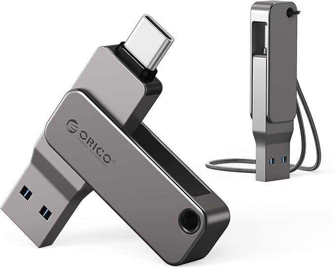 ORICO 64GB Dual USB-C USB-A Flash Drive 150MB/s High Speed USB 3.0 Memory Stick, Zinc Alloy Rotating Design, Compatible with iPhone 15/16/17, Android, Mac, PC, Car Audio – Plug & Play
