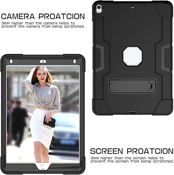 3 in 1 Hybrid Case for iPad Air 3 10.5" & iPad Pro 10.5" - Heavy Duty Rugged Stand, Shockproof, Anti-Slip & Scratch, Black/Black