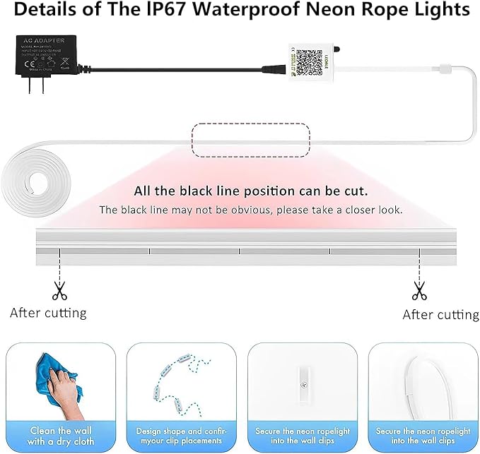 SILFU Neon Rope Lights, 40FT RGB LED Strip Lights, Waterproof IP67 LED Lights for Bedroom, DIY Design, Music Sync, 44 Key Remote Control, Multiple Modes for Bedroom, Holiday Decoration