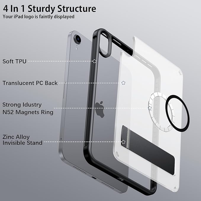 Telaso for iPad mini 7 A17 Pro 2024/iPad Mini 6 2021 Case, iPad mini 7th/6th Gen Magnetic Case with Invisible Portrait/Landscape Stand Translucent Matte Back Soft TPU Bumper Protective Cover, Black