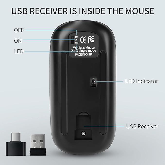 KBCASE Wireless Mouse, LED Wireless Mouse for Laptop, Slim Silent Mouse 2.4G Rechargeable Wireless Computer Mouse for Laptop, MacBook, iPad, Chromebook, with USB & Type-c Receiver