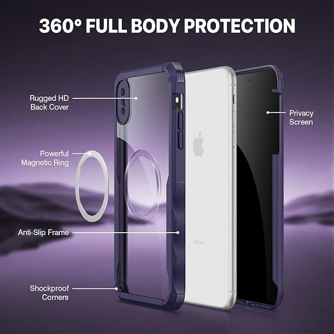 CENHUFO Privacy Magnetic for iPhone Xs Max Case, Full Body Phone Case Built-in 9H Tempered Glass Privacy Screen Protector [Compatible with Magsafe] Shockproof Protective Bumper Clear Cover - Purple