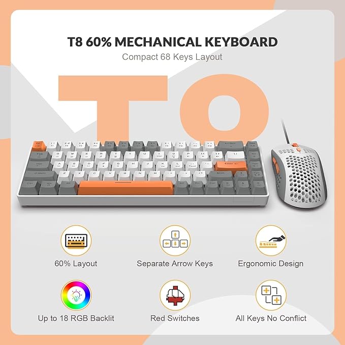 ZIYOU LANG RK-T8PR0 Wired 65% Mechanical Gaming Keyboard and Mouse Combo with RGB LED Backlit Anti-ghosting TKL Mini 68 Key Coiled C to A Cable Linear Red Switch for PS4 PS5 Xbox PC Mac Gamer(Gray)
