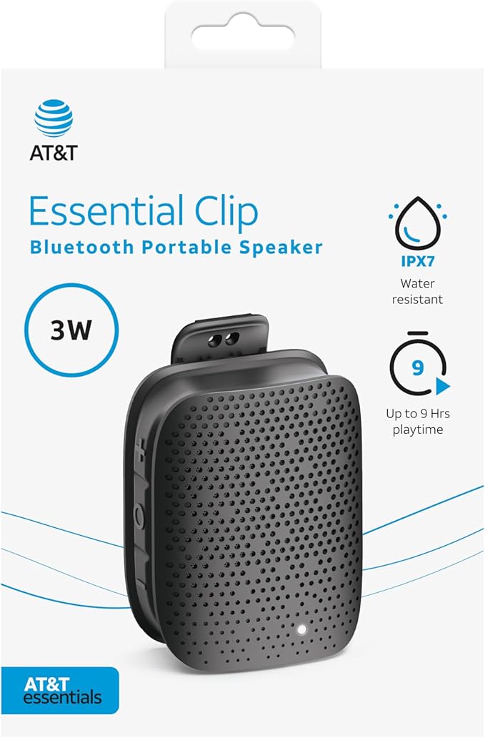 AT&T Essentials Clip Bluetooth Speaker | Mini Portable Bluetooth 5.3 Speaker with USB-C, Waterproof IPX5, 12-Hour Battery, Compact Clip-On Audio for Travel, Dorm, Outdoors - Black