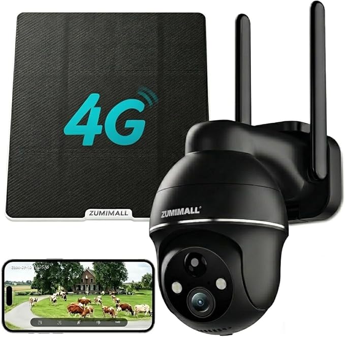 ZUMIMALL 4G LTE Cellular Security Cameras Wireless Outdoor, 2K No WiFi Cameras for Home Security with 360° View, Color Night Vision, 2-Way Talk, AI Detection, Built in SIM Card, Black