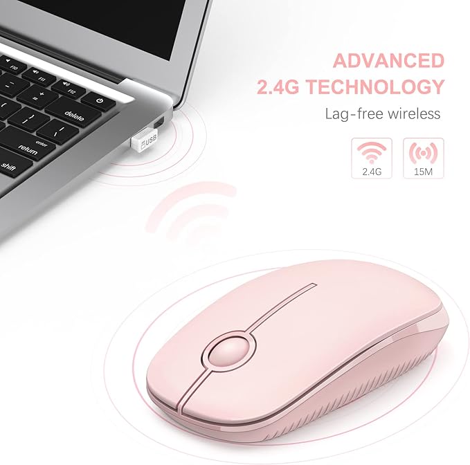 Unipows Wireless Mouse - 2.4G Slim Portable Computer Mouse with Nano Receiver, Less Noise Mobile Optical Mice for Notebook, PC, Laptop, Computer, Mac (Pink)