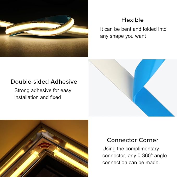 16.4FT COB LED Strip Lights IP65 Waterproof Dimmable 2700K Warm White Strips 480LEDs/m DC24V Adhesive Flexible Cuttable Tape Lights for DIY Home Decor, Shelf, Cabinet (No Adapter or Controller)