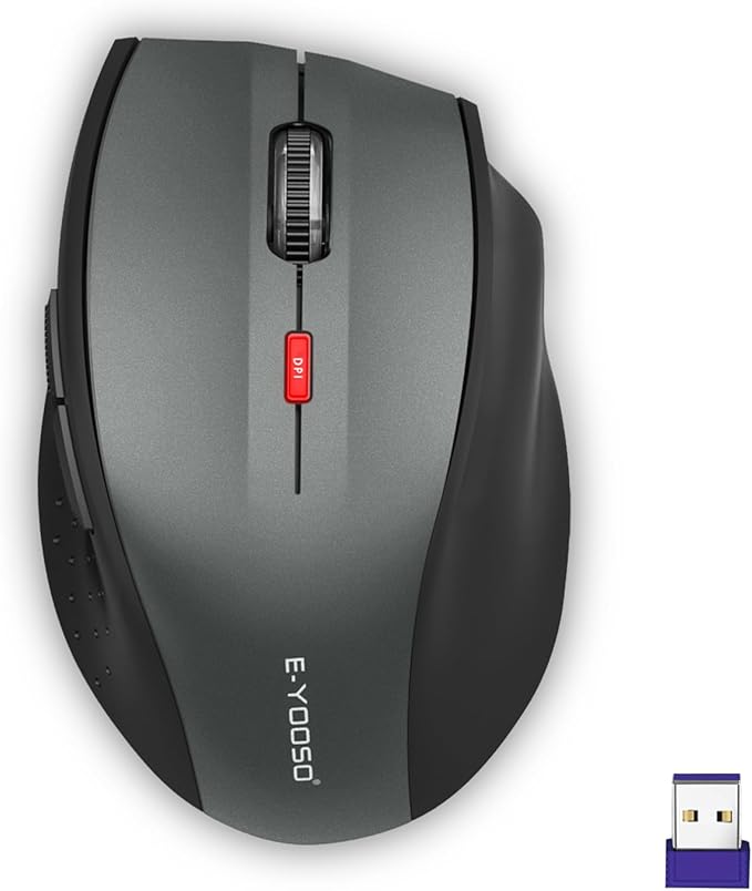 E-YOOSO Wireless Mouse for Laptop, Portable Optical Computer Mouse, 6 Buttons, Cordless 2.4GHz with USB Receiver, 5-Level 4800 DPI, 18 Months Battery Life, for PC, Chromebook (Gray & Black, USB)