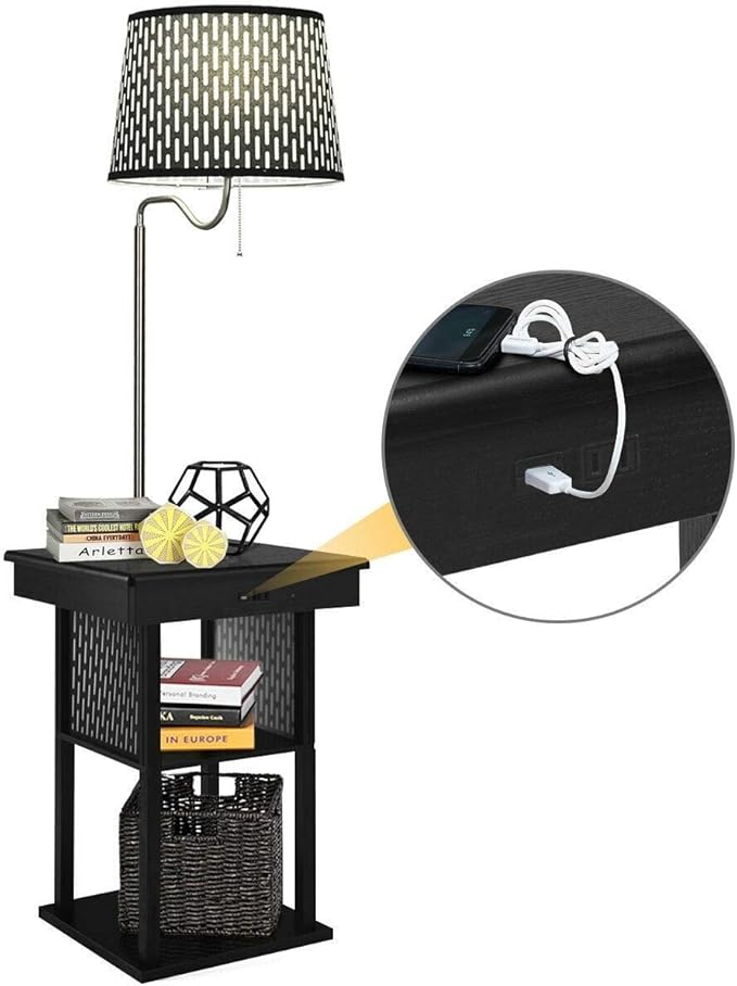 Brightech Madison w. Table & Lamp Combo, Desk Lamp with Wireless Charging Pad and USB Port, Bedside Reading Lamp, Nightstand Lamp with LED Bulb for Bedroom, Living Room, Office - Classic Black